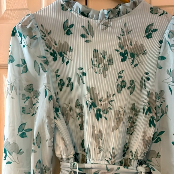 Women's Floral Midi Dress Puff Long Sleeve Ruffle A-Line Pleated Belted Dress - Picture 6 of 8